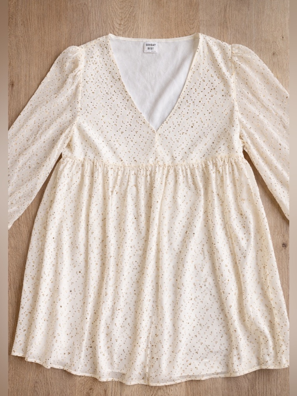 Sunday Best Cream Gold Metallic Babydoll Dress Medium Romantic Sheer Sleeve Mini